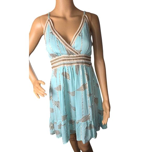 Zury Crochet Trim Sundress Leaf Print Fairy Boho Retro Vintage OS Mermaidcore - Picture 1 of 9